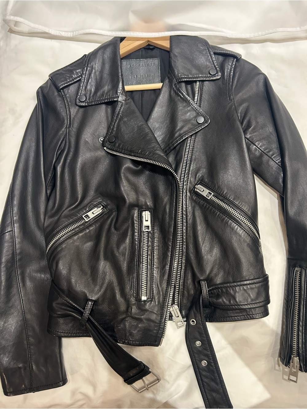 AllSaints Black Leather Biker Jacket with Silver Hardware